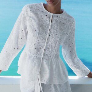 Zara White EMBROIDERED PEPLUM BLOUSE